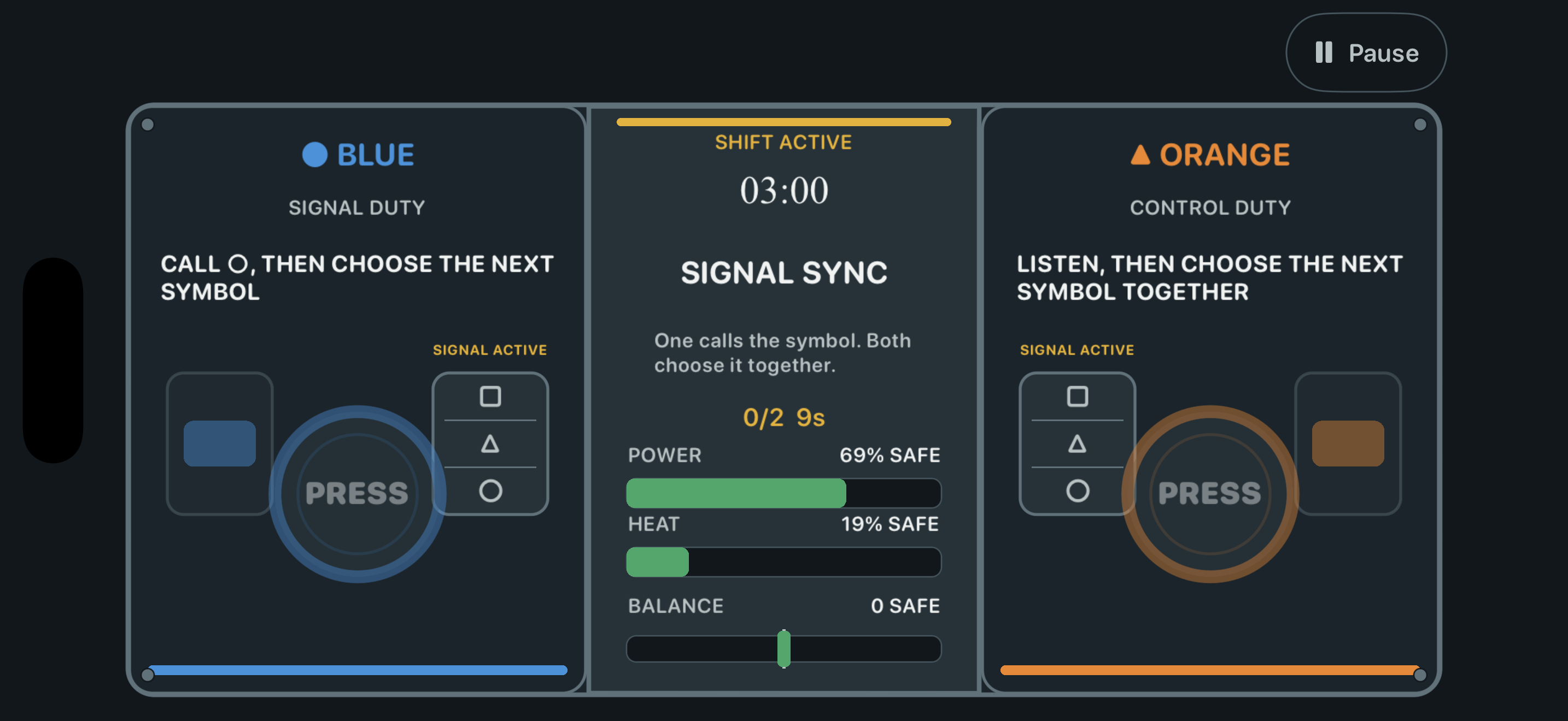 Don't Press Together gameplay with different instructions for Blue and Orange around shared machine meters