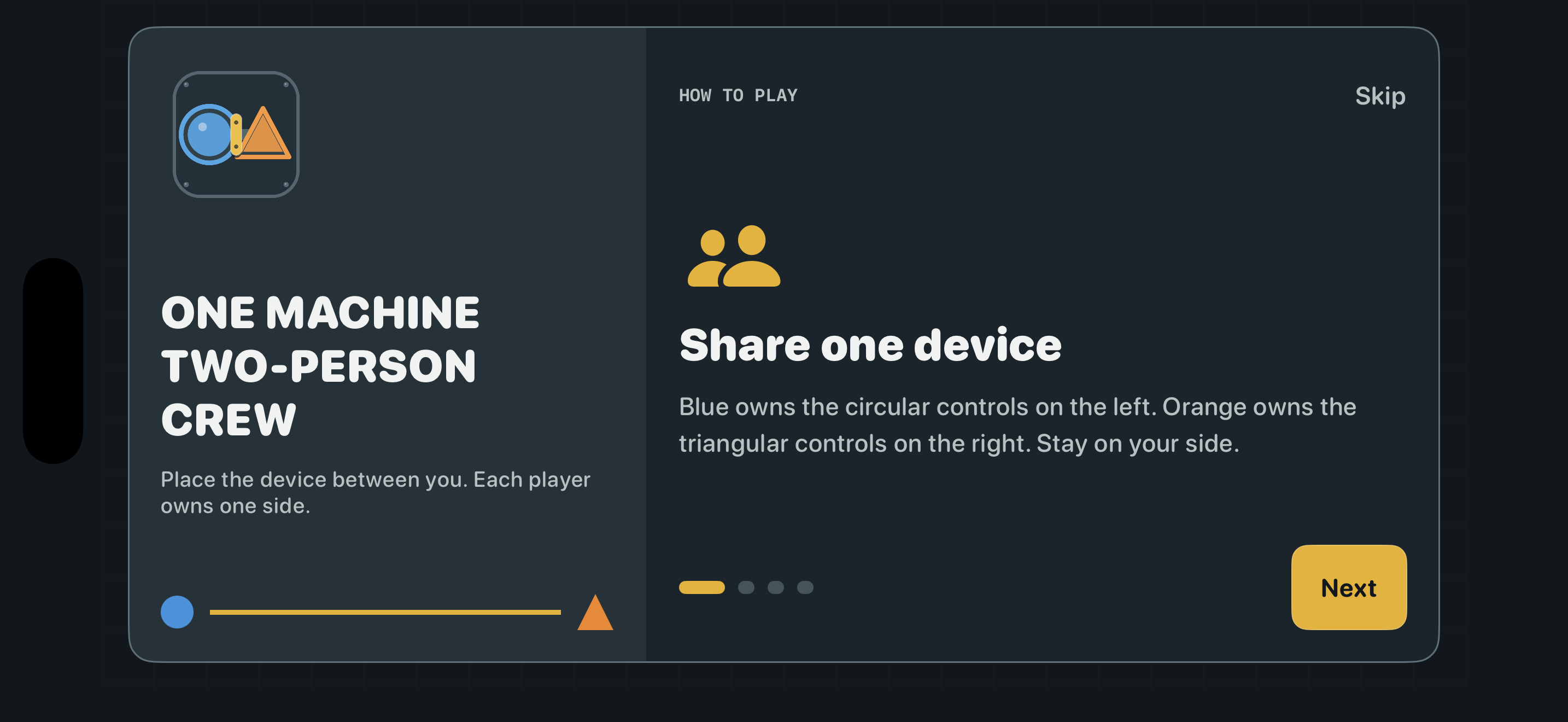 Don't Press Together English onboarding showing two players sharing one device